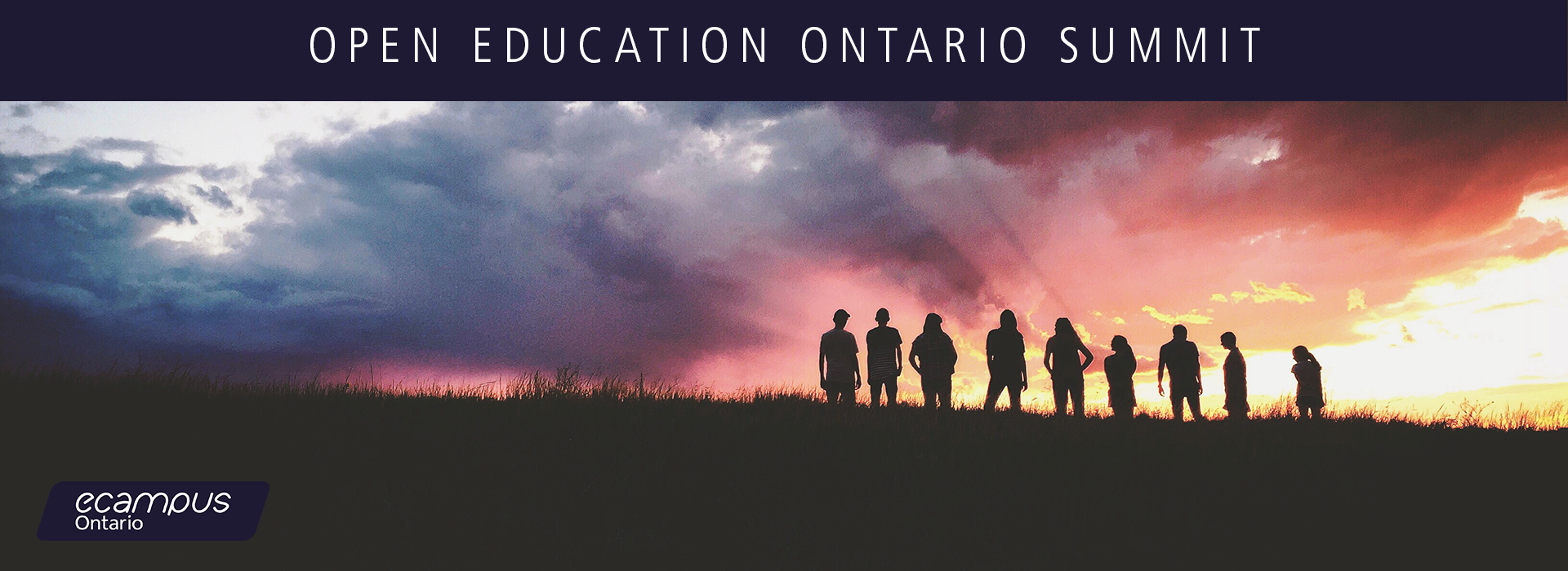 goup of people standing on a hill looking into the sunset with a caption of "open education ontario summit" presented by ecampus ontario