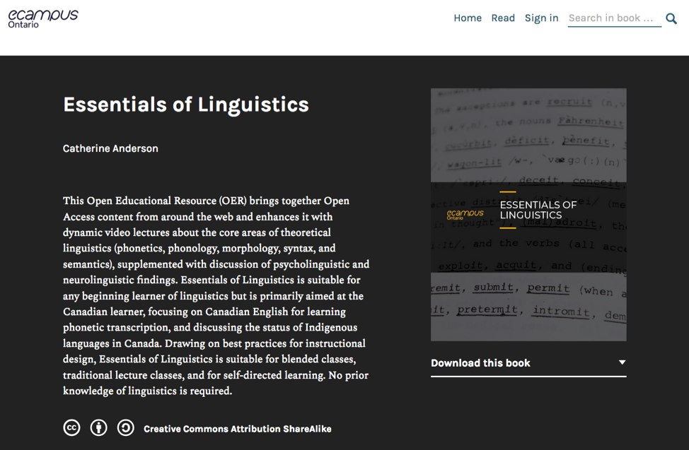A screenshot of the Essentials of Linguistics ebook