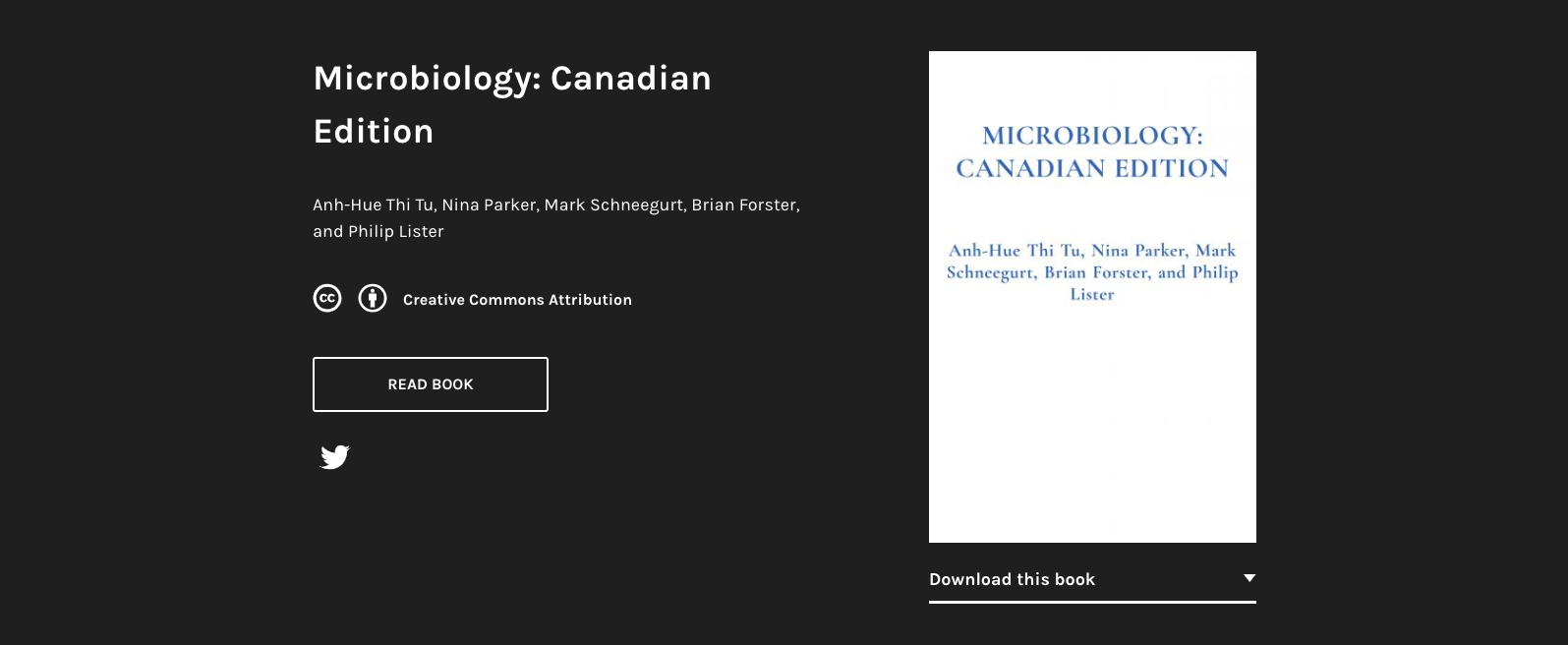 Screenshot of a black and white webpage showing a copy of the textbook, Microbiology: Canadian Edition